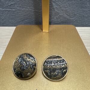 Vintage Large Gold Silver Black Metallic Tapestry Button Earrings 1”